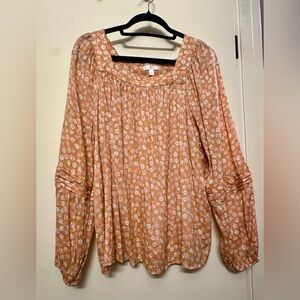 LC Lauren Conrad Peach/Floral Square Neck Blouse, Peasant Top - Size XL